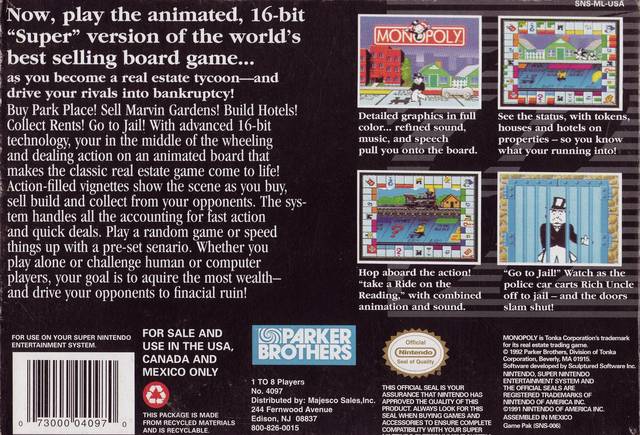 Monopoly Back Cover - Super Nintendo, SNES Pre-Played