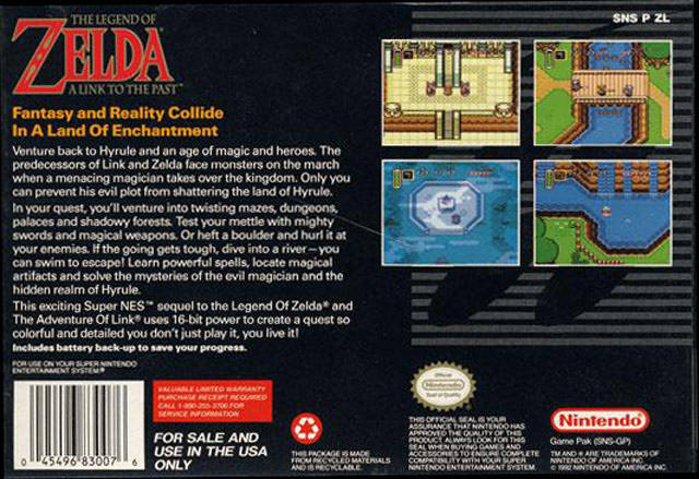 The Legend of Zelda A Link To the Past Back Cover - Super Nintendo, SNES Pre-Played