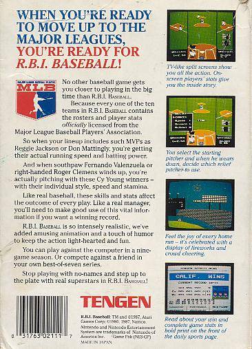 R.B.I Baseball Back Cover - Nintendo Entertainment System, NES Pre-Played
