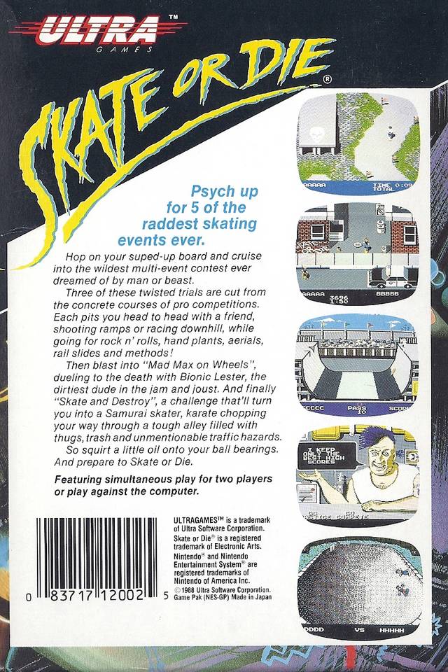 Skate or Die Back Cover - Nintendo Entertainment System, NES Pre-Played