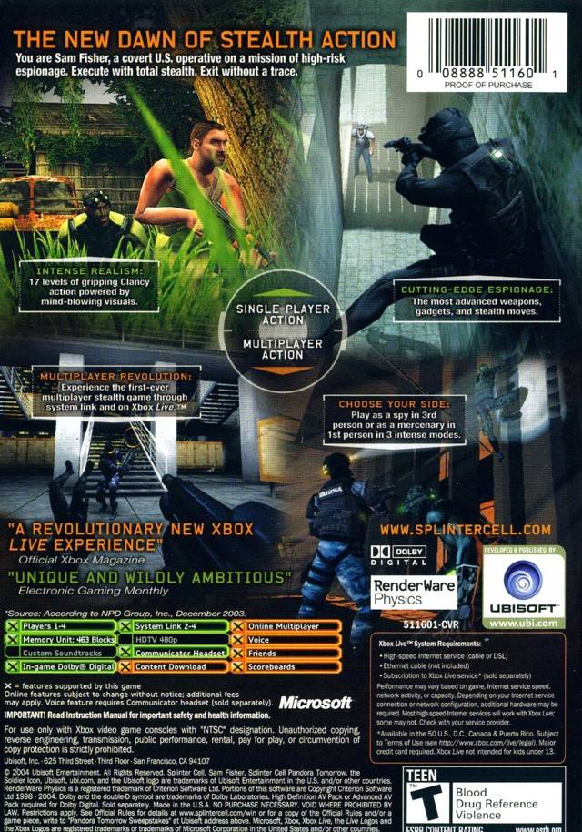 Tom Clancy's Splinter Cell Pandora Tomorrow Back Cover - Xbox Pre-Played