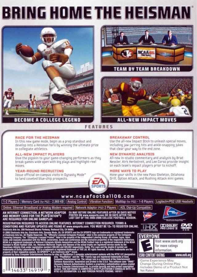 NCAA Football 06 Back Cover - Playstation 2 Pre-Played