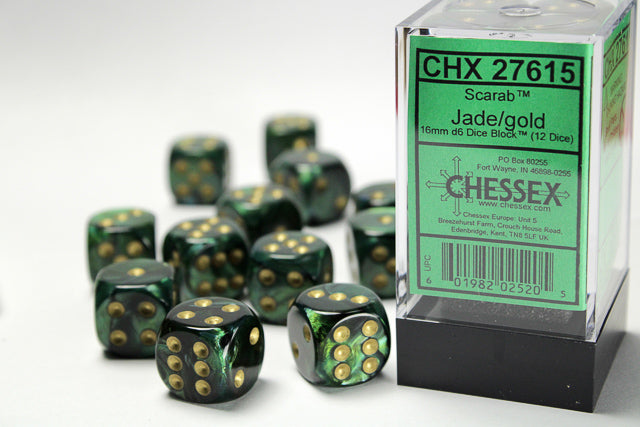 Chessex Scarab 16mm D6 Jade/Gold/Black (12)