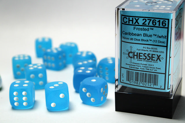 Chessex Frosted 16mm D6 Caribbean Blue/White Block (12)