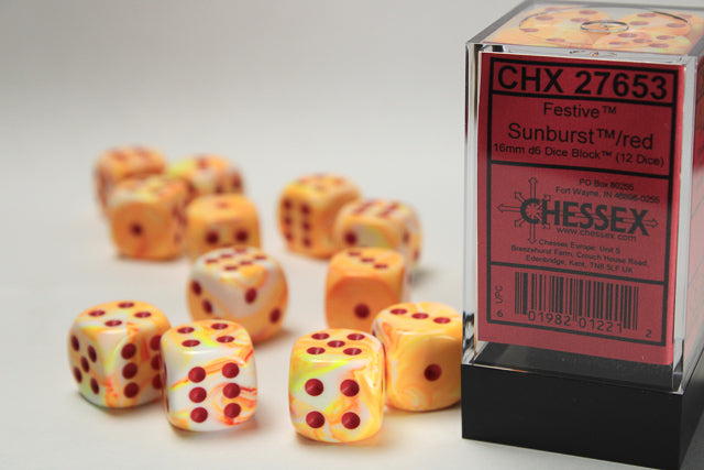 Chessex Dice Menagerie 10 16mm D6 Festive Sunburst/Red (12)