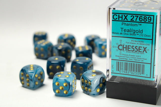 Chessex Phantom 16mm D6 Teal/Gold (12)