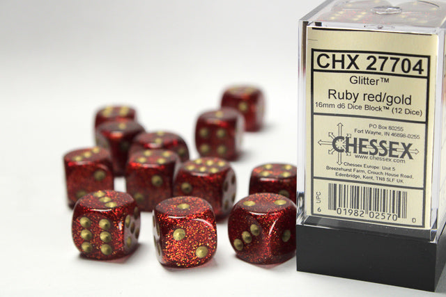 Chessex Dm9 Glitter 16mm D6 Ruby/Gold (12)
