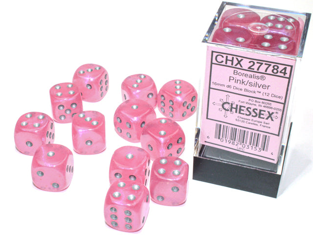 Chessex Borealis 2: 16mm D6 Pink/Silver (12)