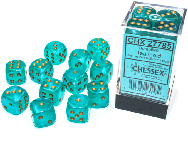 Chessex Borealis 2 16mm D6 Teal/Gold (12)