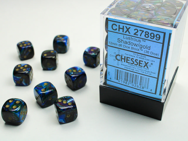 Chessex Lustrous: 12mm D6 Shadow/Gold/Black (36)