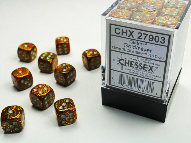 Chessex Dm9 Glitter 12mm D6 Gold/Silver (36)