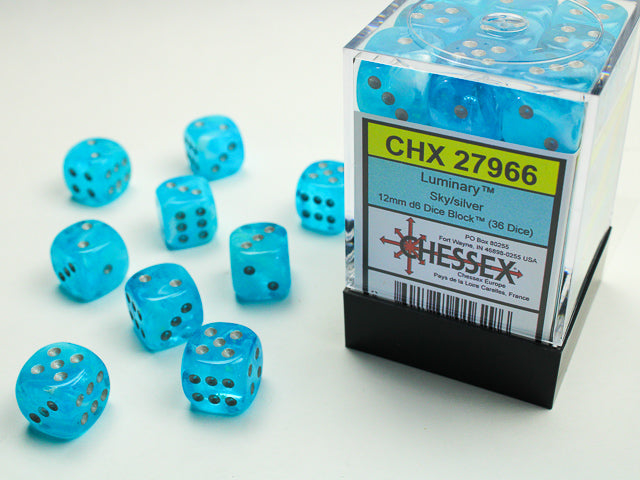 Chessex Dice Menagerie 10 12mm D6 luminary Poly Sky/Silver (36)