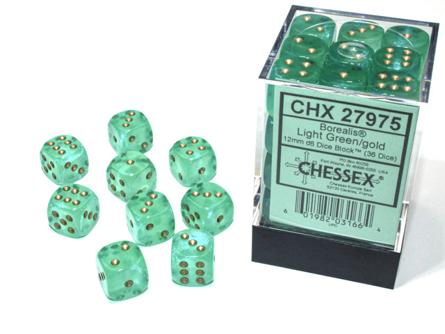 Chessex Borealis 2 12mm D6 Light Green/Gold (36)