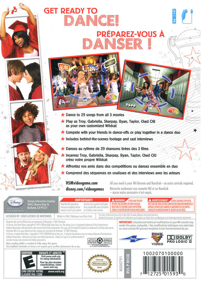 High School Musical 3 DANCE! Back Cover - Nintendo Wii Pre-Played