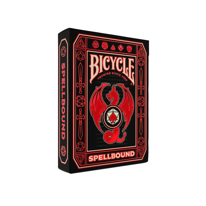 Bicycle Spellbound playing card box with red and black design on a white background