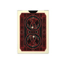 Playing card with red and black design on a white background
