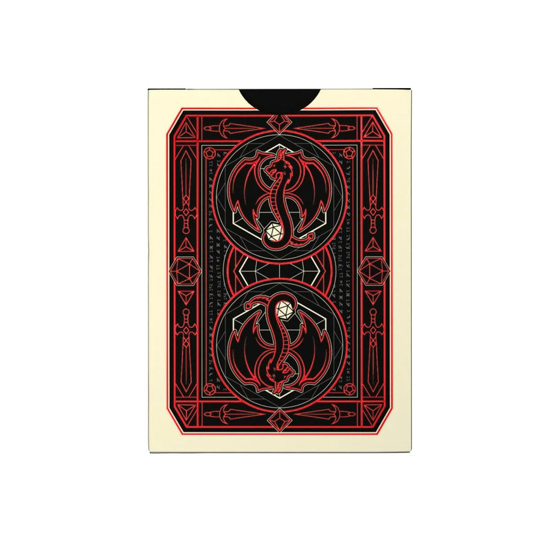 Playing card with red and black design on a white background