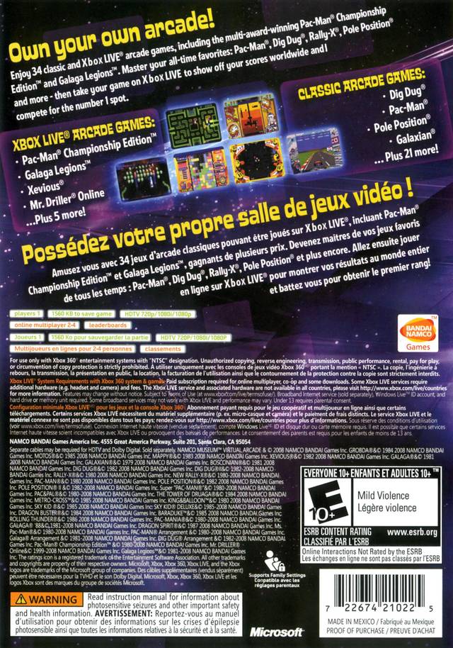 Namco Museum Virtual Arcade Back Cover - Xbox 360 Pre-Played