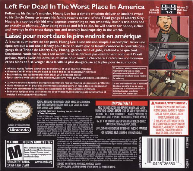 Grand Theft Auto Chinatown Wars Back Cover - Nintendo DS Pre-Played