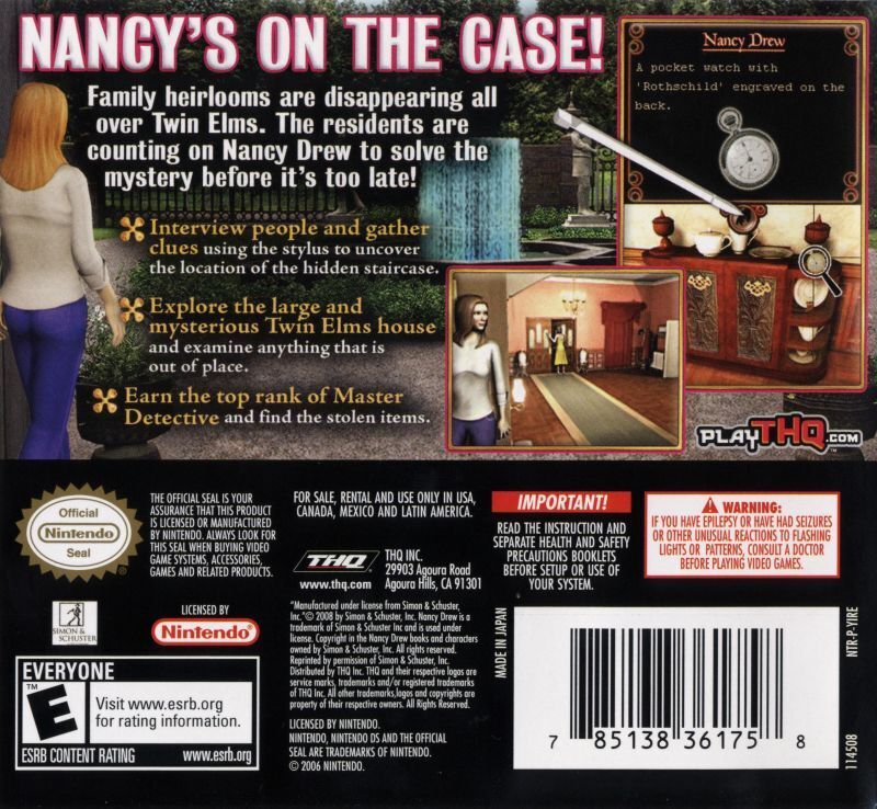Nancy Drew The Hidden Staircase Back Cover - Nintendo DS Pre-Played