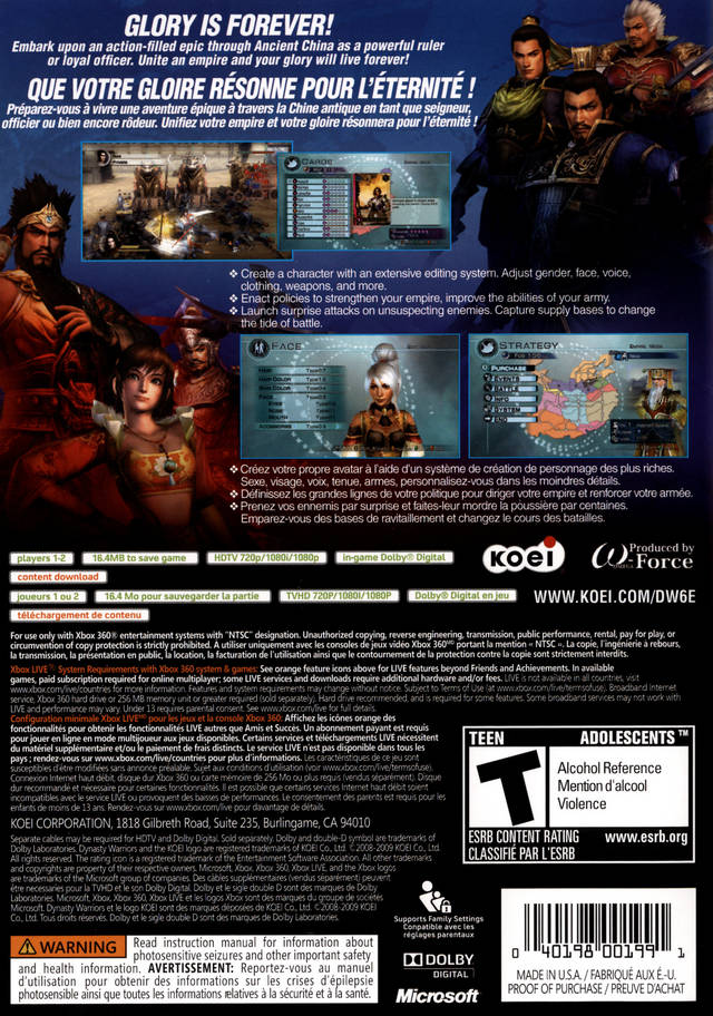 Dynasty Warriors 6 Empires Back Cover  - Xbox 360 Pre-Played