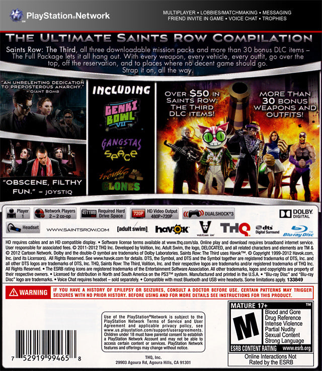 Saints Row: The Third - The Full Package Back Cover - Playstation 3 Pre-Played