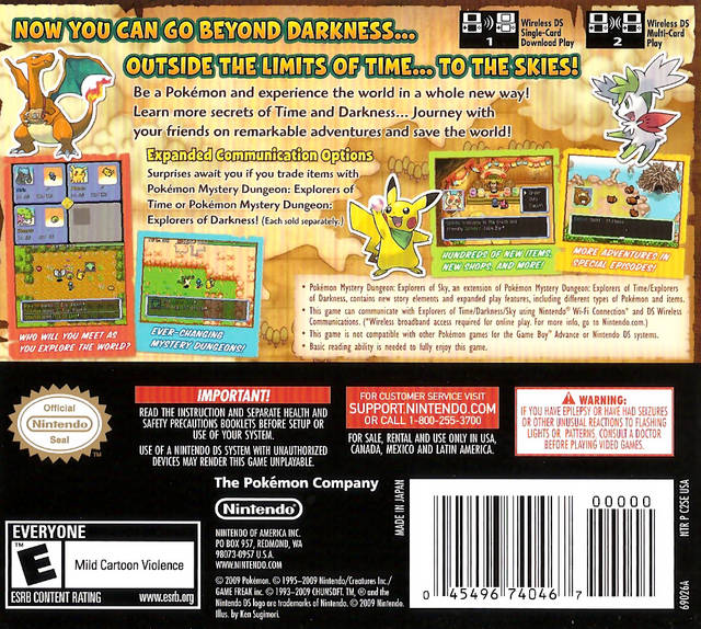 Pokémon Mystery Dungeon: Explorers of Sky Back Cover - Nintendo DS Pre-Played