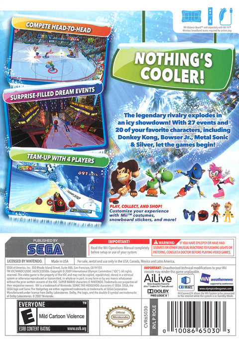Mario and Sonic at the Olympic Winter Games Back Cover - Nintendo Wii Pre-Played