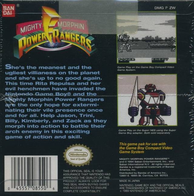 Mighty Morphin Power Rangers Back Cover - Nintendo Gameboy Pre-Played