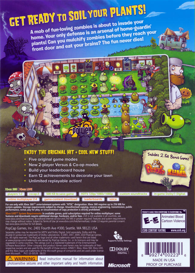 Plants vs Zombies Back Cover - Xbox 360 Pre-Played