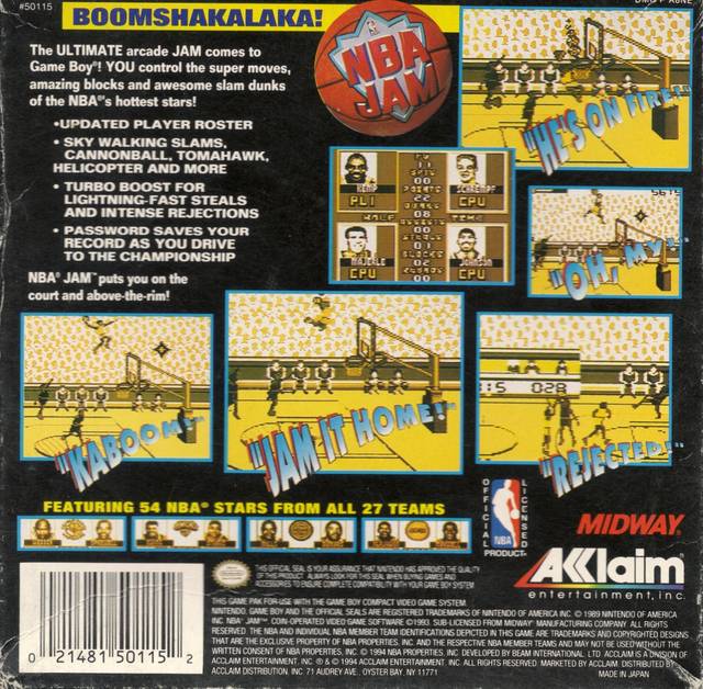 NBA Jam Back Cover - Nintendo Gameboy Pre-Played