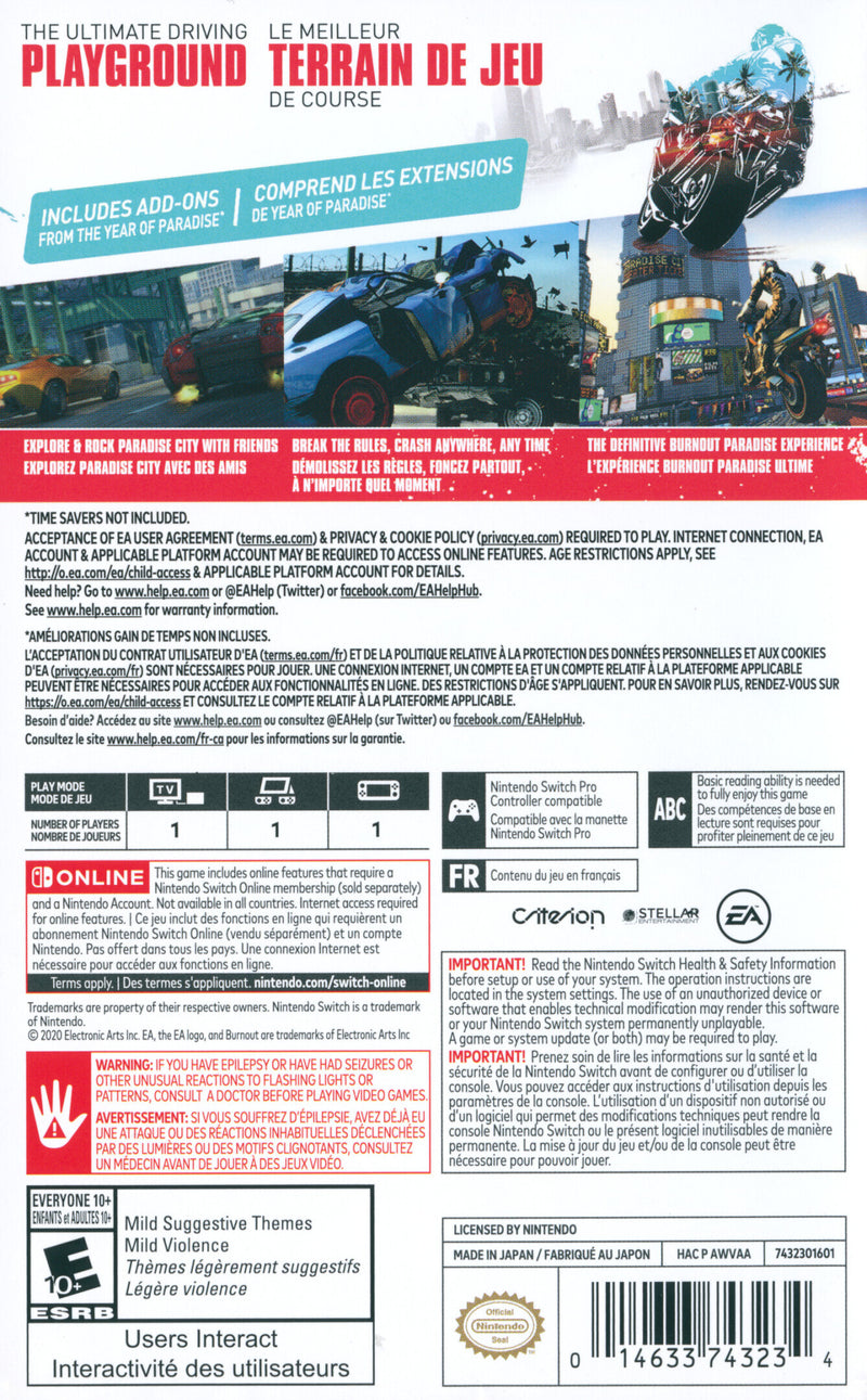 Burnout Paradise Remastered Back Cover - Nintendo Switch Pre-Played