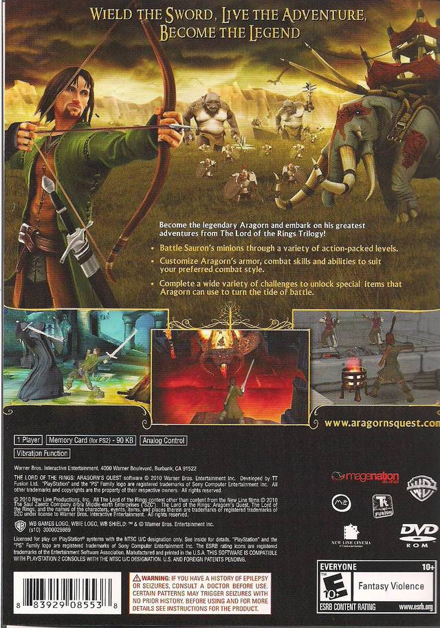 The Lord of the Rings Aragorn's Quest Back Cover - Playstation 2 Pre-Played