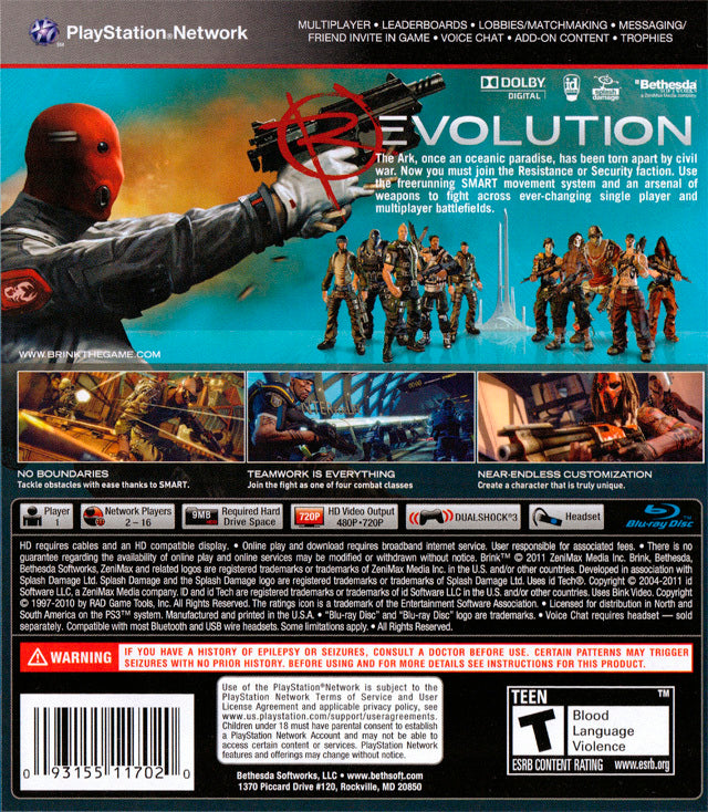 Brink Back Cover - Playstation 3 Pre-Played