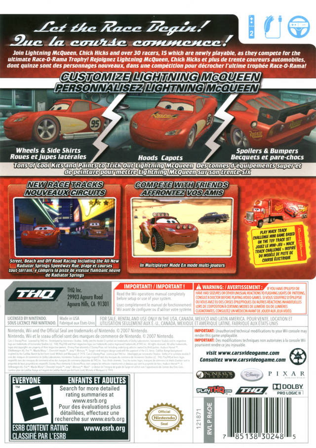 Disney's Cars: Race-O-Rama Back Cover - Nintendo Wii Pre-Played