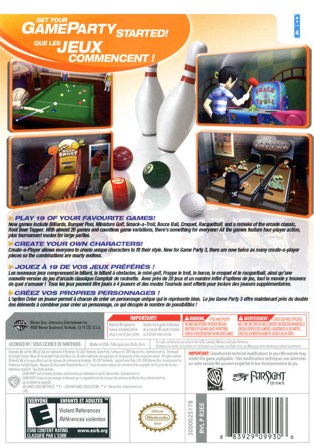 Game Party 3 Back Cover - Nintendo Wii Pre-Played