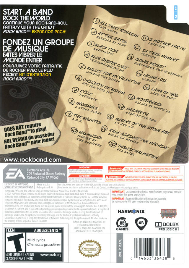 Rock Band Metal Track Pack Back Cover - Nintendo Wii Pre-Played