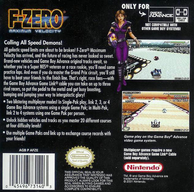 F-Zero Max Velocity Back Cover - Nintendo Gameboy Advance Pre-Played