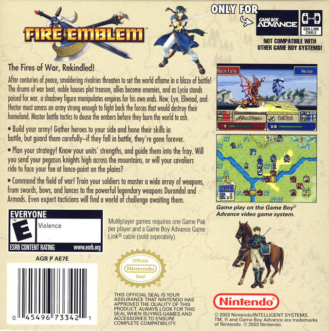 Fire Emblem Back Cover - Nintendo Gameboy Advance Pre-Played