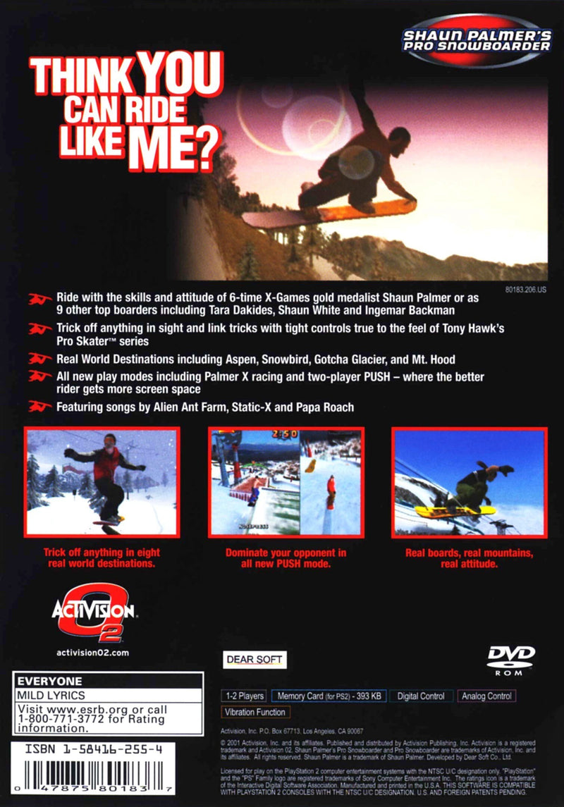 Shaun Palmer's Pro Snowboarder Back Cover - Playstation 2 Pre-Played
