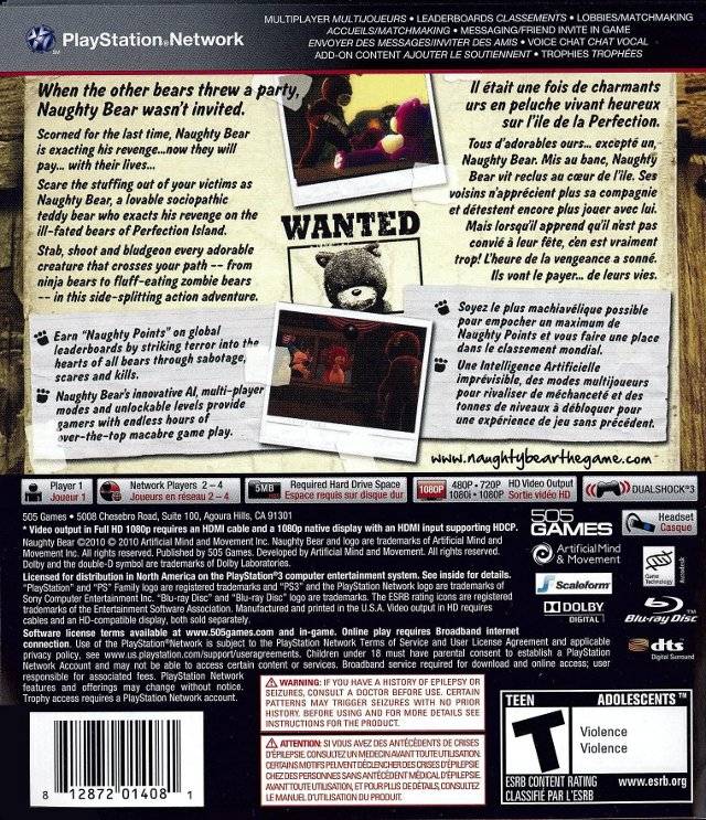 Naughty Bear Back Cover - Playstation 3 Pre-Played