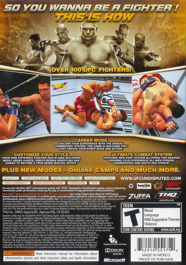 UFC Undisputed 2010 Back Cover - Xbox 360 Pre-Played