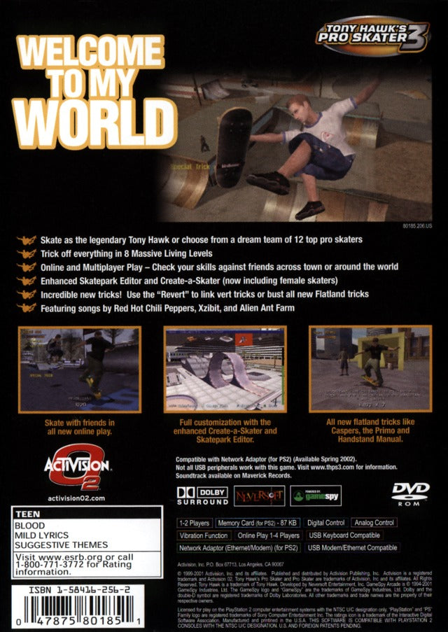 Tony Hawk Pro Skater 3 Back Cover - Playstation 2 Pre-Played