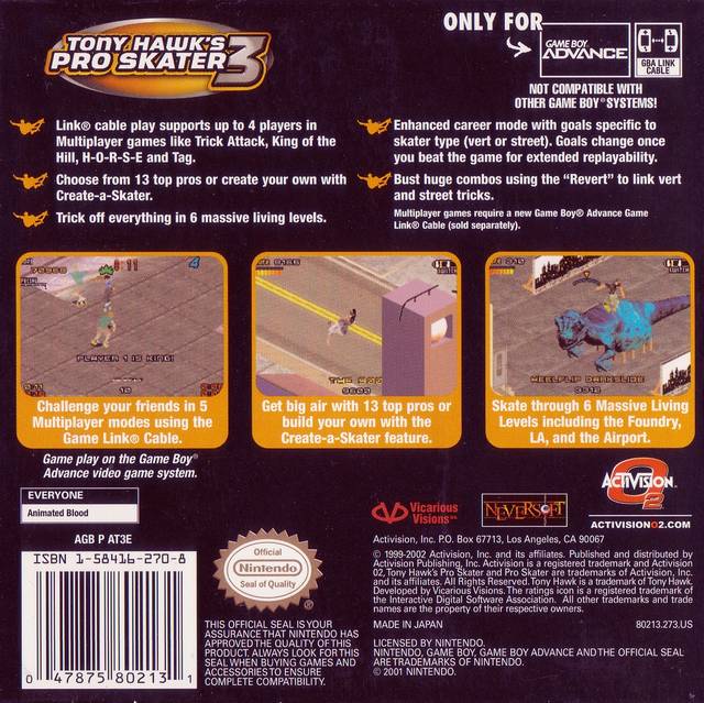 Tony Hawk's Pro Skater 3 Back Cover - Nintendo Gameboy Advance Pre-Played