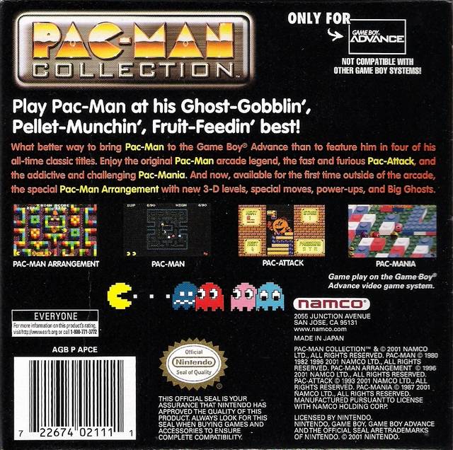 Pac-Man Collection Back Cover - Nintendo Gameboy Advance Pre-Played