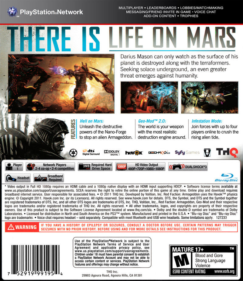 Red Faction Armageddon Back Cover - Playstation 3 Pre-Played