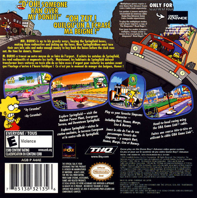 Simpsons Road Rage Back Cover - Nintendo Gameboy Advance Pre-Played