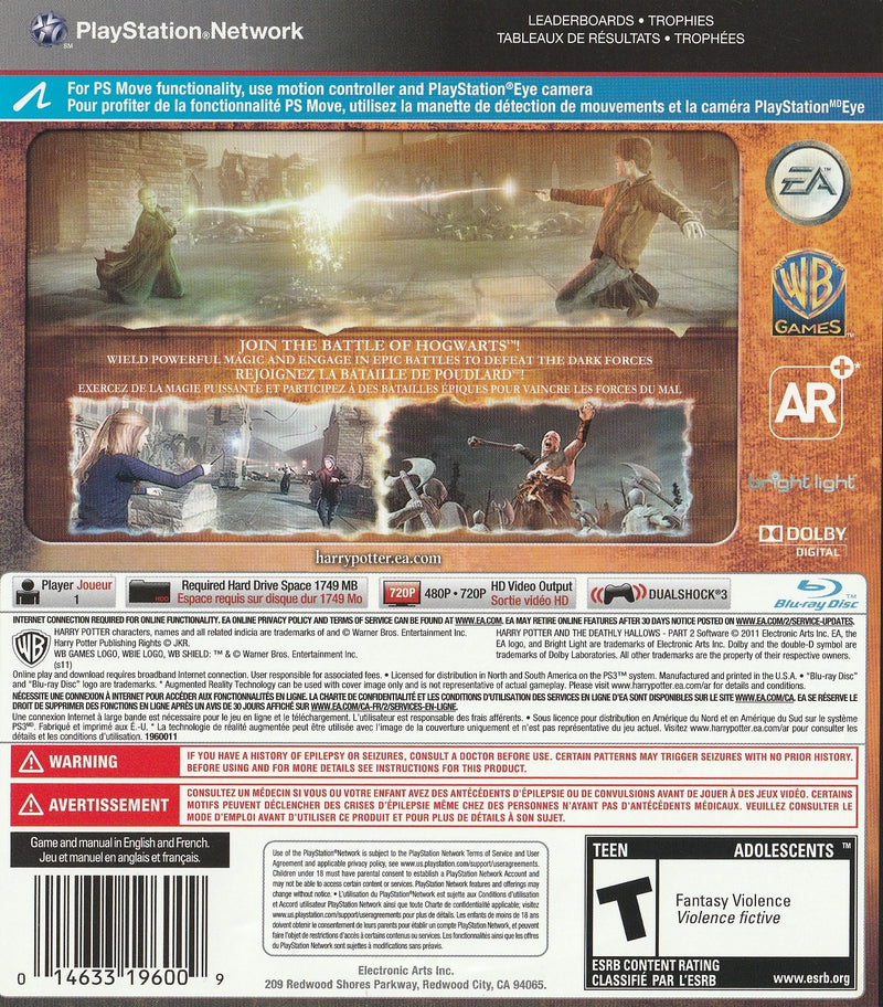 Harry Potter and The Deathly Hallows Part 2 Back Cover - Playstation 3 Pre-Played