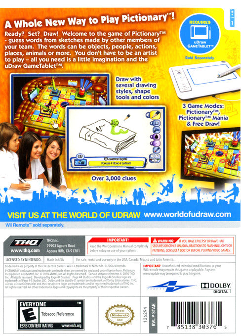 Pictionary uDraw Back Cover - Nintendo Wii Pre-Played