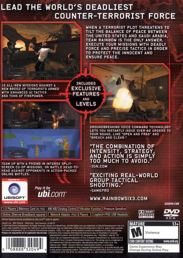 Tom Clancy's Rainbow Six 3 Back Cover - Playstation 2 Pre-Played